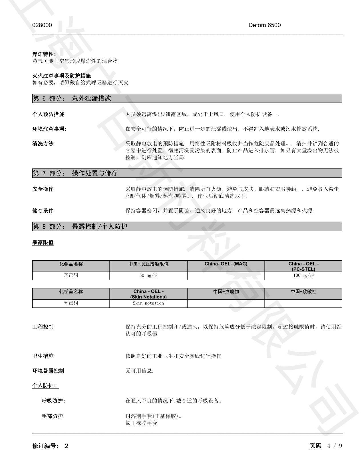 德謙Defom6500消泡劑MSDS